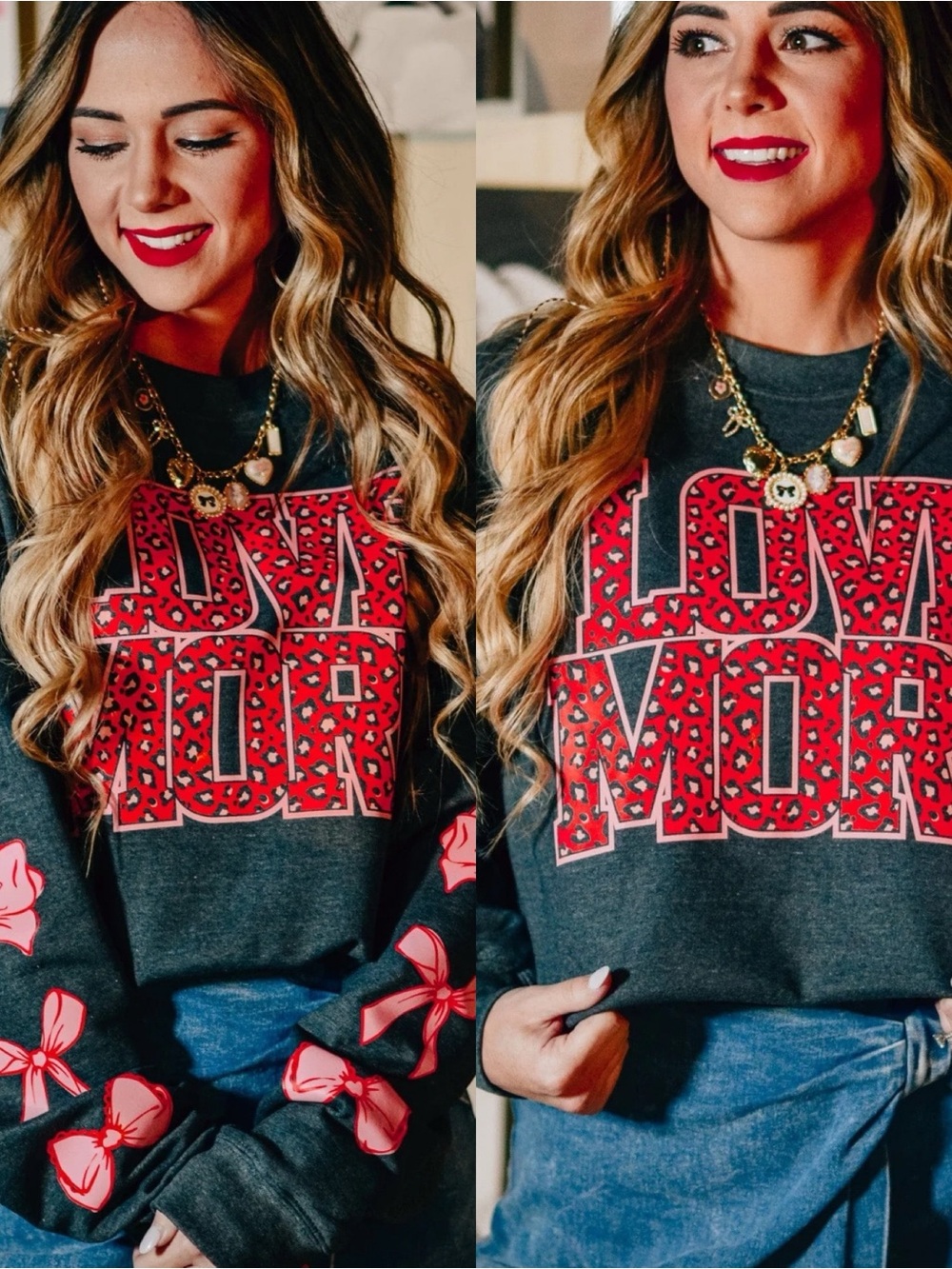 Women’s Charcoal Graphic Sweatshirt with Red Leopard Print